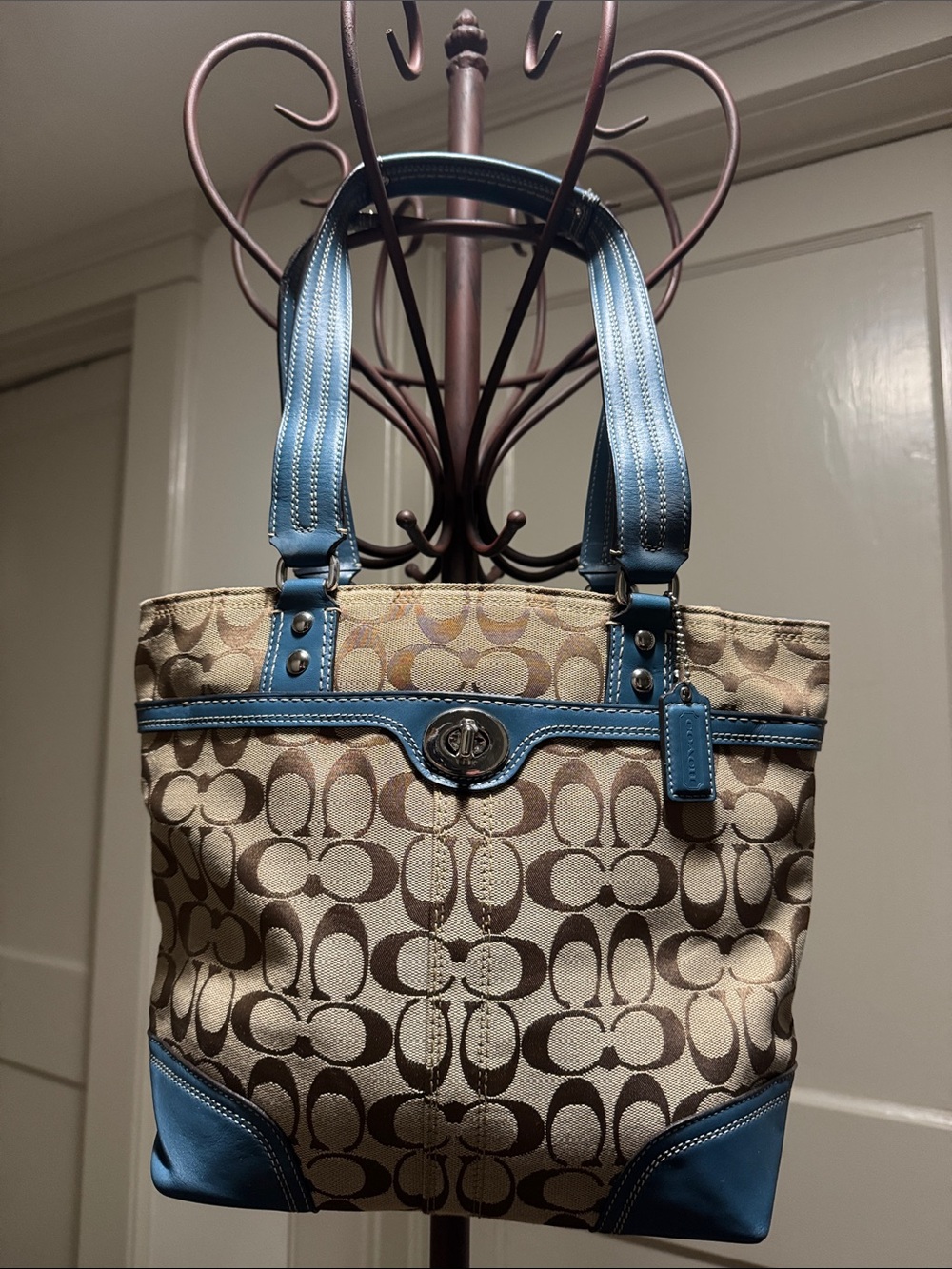 Coach Beige Signature Tote with Blue Leather Trim